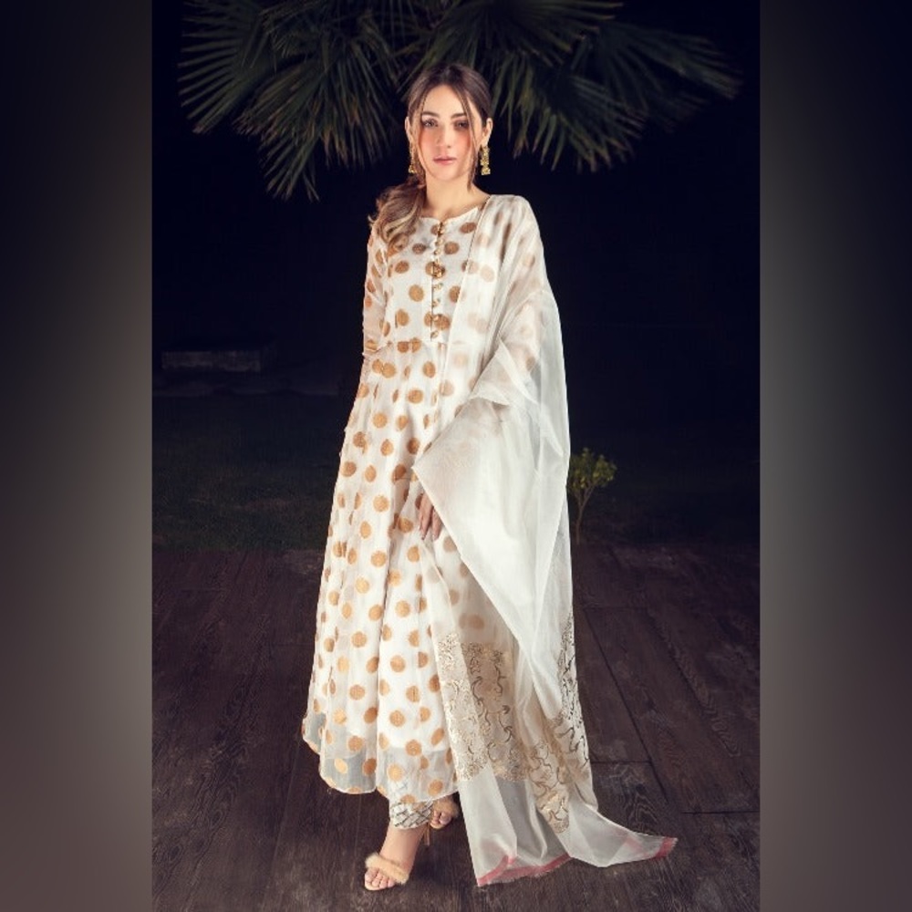 Brand New 3 Piece Designer Pakistani Salwar Kameez Suit - White & Gold Jamdani